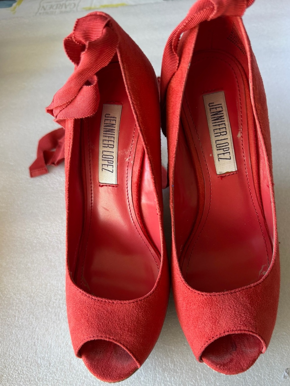 Jennifer Lopez Coral-Red Suede Peep-Toe Heels with Bow